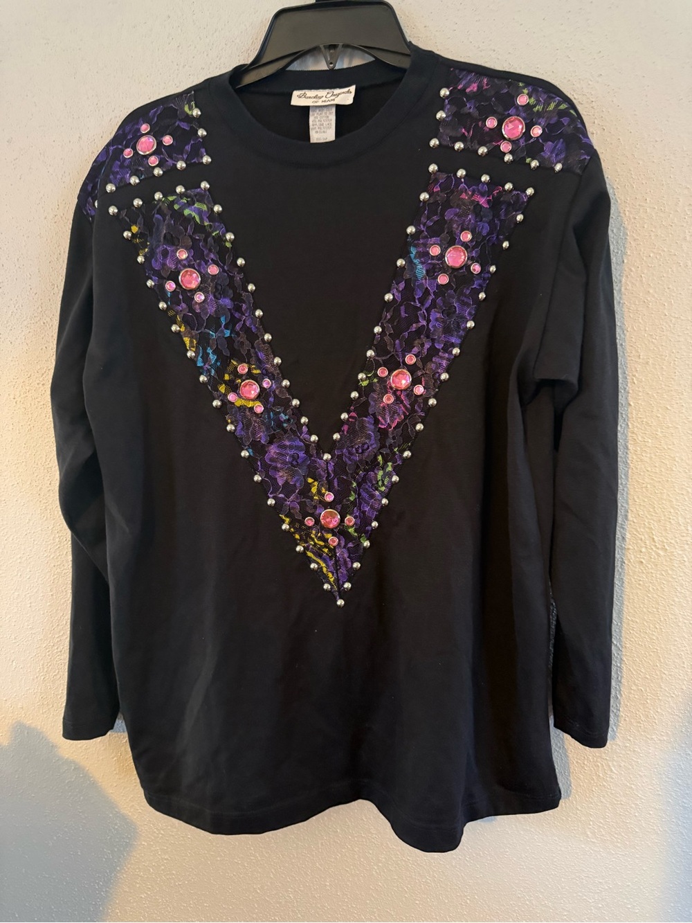 Black Embellished V-Panel Long Sleeve Sweatshirt by Beverly Feldman